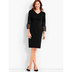 TALBOTS Womens Dress Ponte Knit Sheath Crochet Lace Bell Sleeve Black 12 Formal